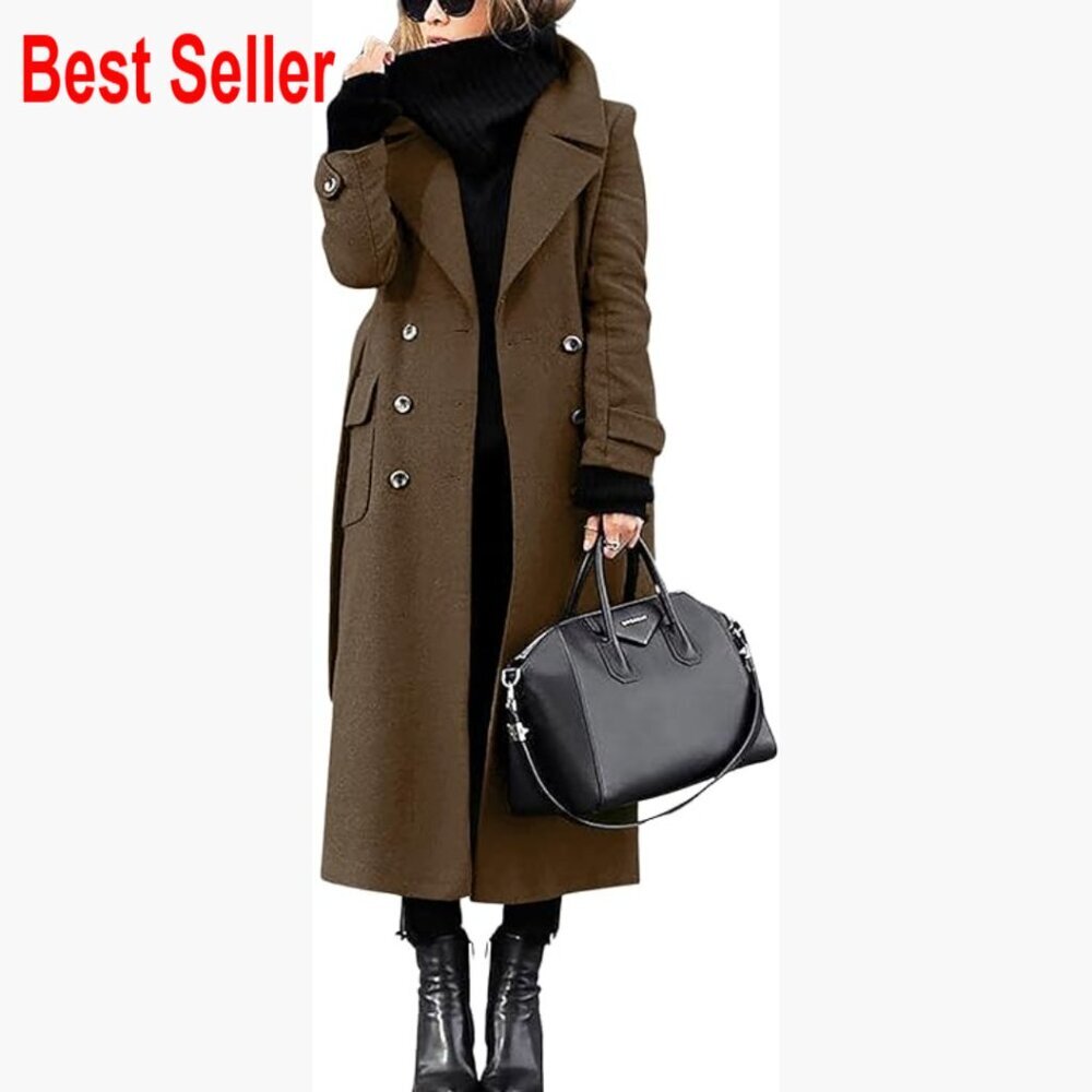 Double Breasted Wool Pea Coat with Belt, Long Sleeve Winter Overcoat
